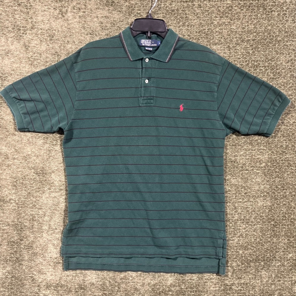 Polo Ralph Lauren Polo Shirt Mens Large Green Striped Short Sleeve Pony Logo